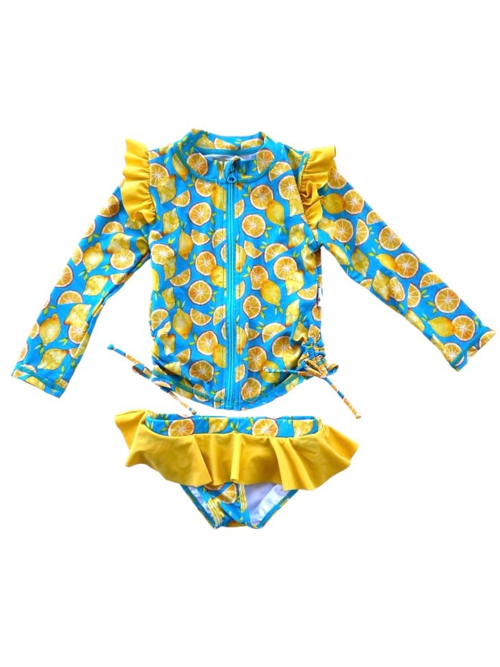 SwimZip Girls Lemons Rash Guard & Ruffle Swimsuit Set Blue Yellow 3T